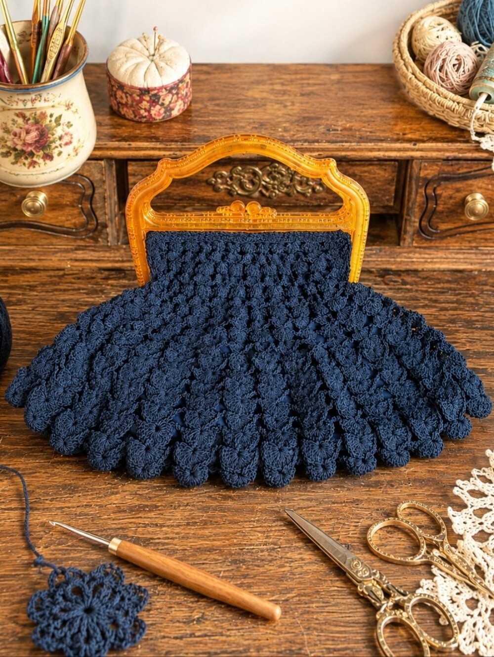 Vintage 1940's Large Half Moon Corded Clutch Purse Crochet Carved Lucite Handle